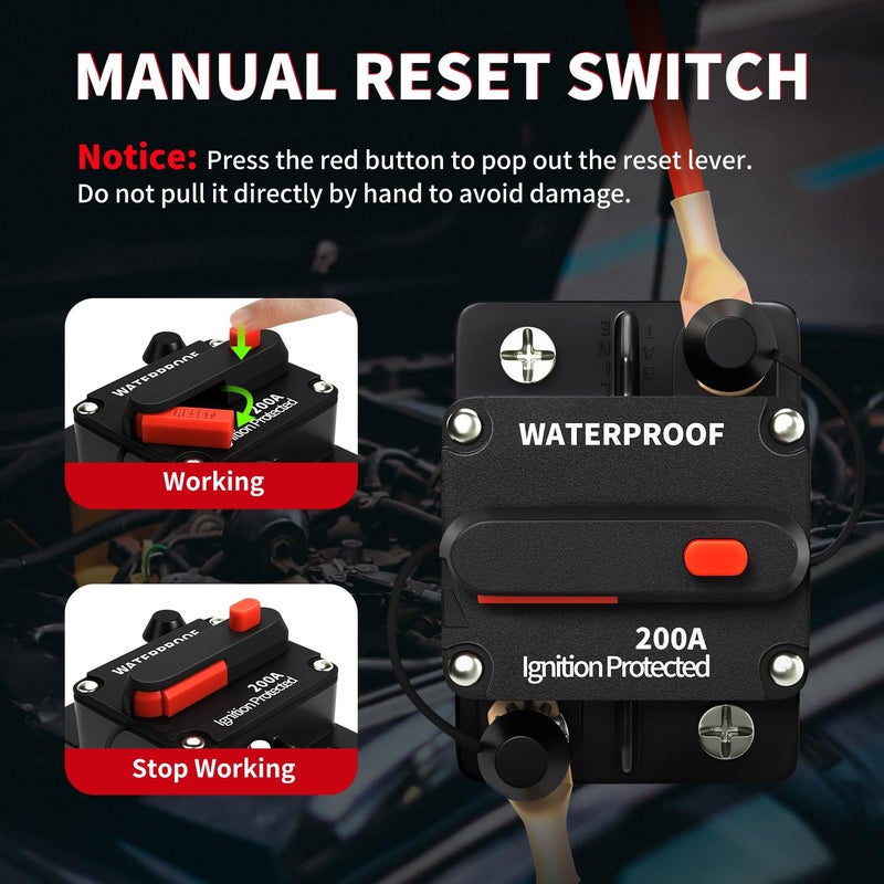 TEMCHY 200Amp Circuit Breaker Waterproof Marine Motor Accessory for Boat Trolling ATV Trailer Vehicles Stereo Audio Electronic Battery Solar System Inline Fuse with Manual Reset Switch DC 12V-48V - Image 3